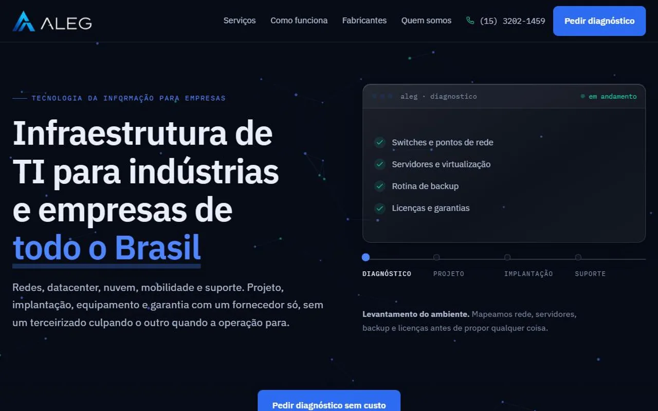 Captura de tela do site ALEG Tecnologia, infraestrutura de ti corporativa