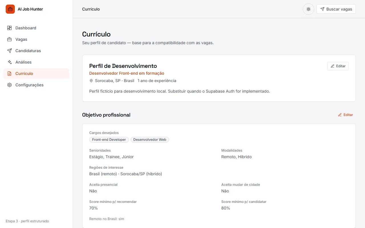 Tela de currículo do candidato, com o resumo do perfil e o objetivo profissional