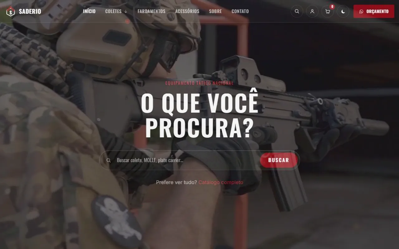 Captura de tela do site Sadério, coletes táticos balísticos
